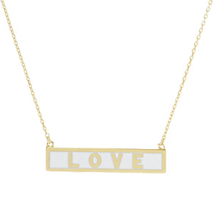 White Love Gold Dipped Enamel Rectangle Message Pendant Necklace. Beautifully crafted design adds a gorgeous glow to any outfit. Jewelry that fits your lifestyle! Perfect Birthday Gift, Valentine's Gift, Anniversary Gift, Mother's Day Gift, Anniversary Gift, Graduation Gift, Prom Jewelry, Just Because Gift, Thank you Gift.