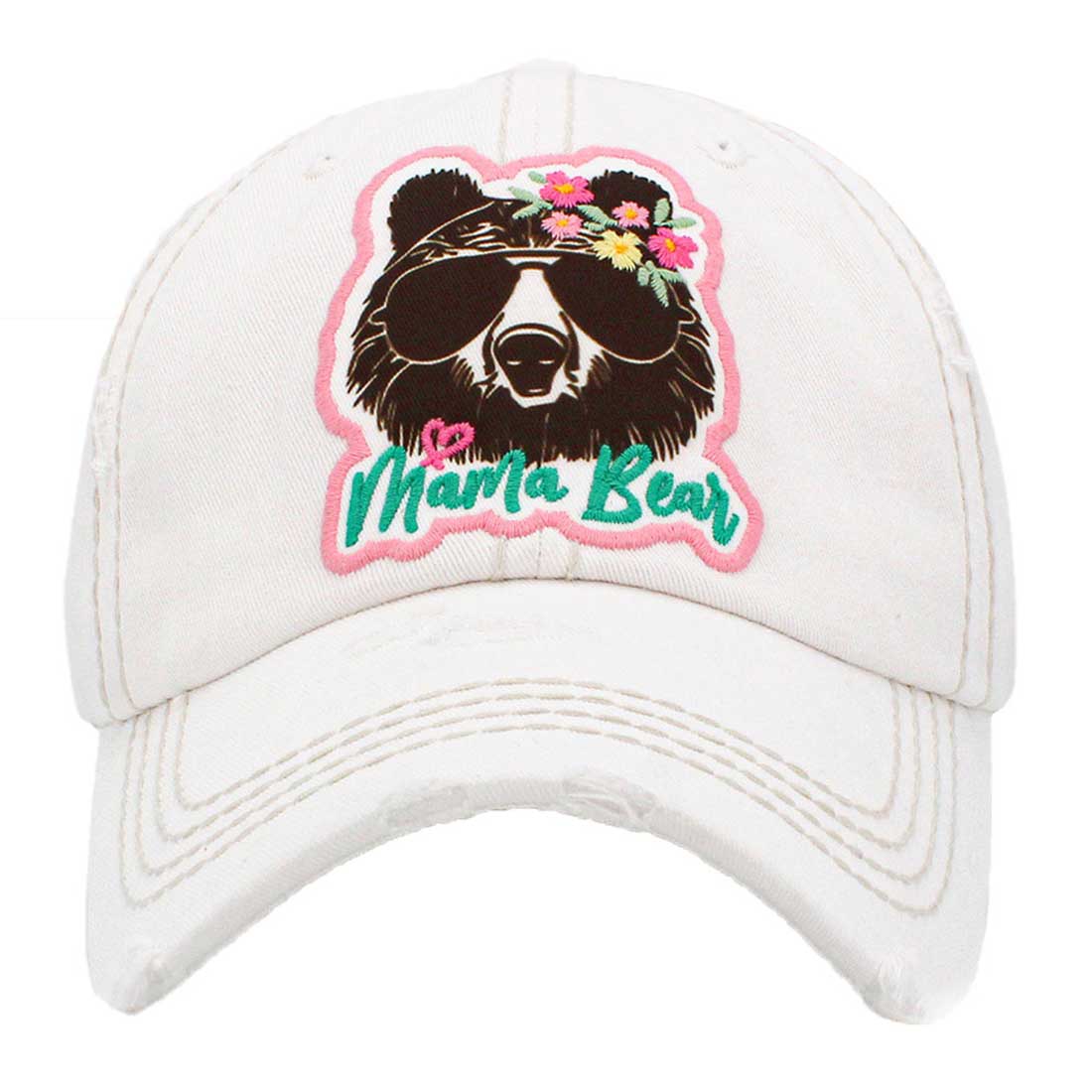 White Mama Bear Message Vintage Baseball Cap. Fun cool animal themed vintage cap. This peace Mama Bear embroidered baseball cap is made for you. It's fully adjustable and easy to style! Perfect to keep your hair away from you face while exercising, running, playing tennis or just taking a walk outside. Adjustable Velcro strap gives you the perfect fit.