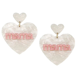White Mama Heart Shape Acetate Drop Earrings, Look like the ultimate fashionista with these Mama Heart Shape Acetate Drop Earrings! Show your love for mom with these beautiful Drop Earrings. An excellent gift for your mom on her birthday, mother's day, anniversary, valentine's day, or any other meaningful occasion.