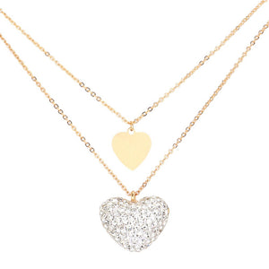 White Metal Rhinestone Pave Heart Pendant Double Layered Necklace, This beautiful heart-themed pendant necklace is the ultimate representation of your class & beauty. Get ready with these heart pendant necklaces to receive compliments putting on a pop of color to complete your ensemble in perfect style for anywhere, any time.