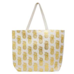 White Metallic Pineapple Patterned Beach Tote Bag, Whether you are out shopping, going to the pool or beach, this Pineapple patterned print tote bag is the perfect accessory. Perfectly lightweight to carry around all day. Spacious enough for carrying any and all of your seaside essentials. The soft straps really helps carrying this tie due shoulder bag comfortably. Perfect Birthday Gift, Anniversary Gift, Mother's Day Gift, Vacation Getaway or Any Other Events.