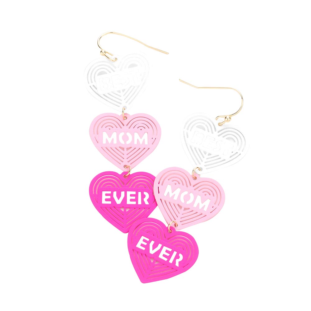 White Multi Best Mom Ever Message Triple Heart Link Dangle Earrings, are a beautiful pair of earrings that is perfect for showing your love for your mom. It features a beautiful Triple heart design and a Best Mom message with an attractive theme. This unique pair of earrings is a fantastic gift for your mom.