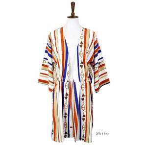 White Multi Color Stripe Cover Up Kimono Poncho, The lightweight Kimono poncho top is made of soft and breathable Polyester material. short sleeve swimsuit cover up with open front design, simple basic style, easy to put on and down. Perfect Gift for Wife, Mom, Birthday, Holiday, Anniversary, Fun Night Out.