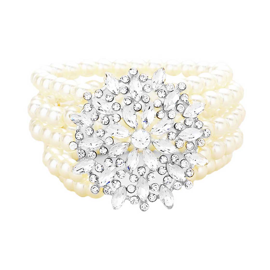 White Multi Strand Pearl Crystal Flower Accented Stretch Bracelet. Get ready with this Stretch Bracelet, put on a pop of color to complete your ensemble. Perfect for adding just the right amount of shimmer & shine and a touch of class to special events. Perfect Birthday Gift, Anniversary Gift, Mother's Day Gift, Thank you Gift.
