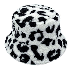 White  One Size Leopard Patterned Faux Fur Bucket Hats, stay warm and cozy, protect yourself from the cold, this most recognizable look with remarkable bold, soft & chic bucket hat, features a rounded design with a short brim. The hat is foldable, great for daytime. Perfect Gift for cold weather!