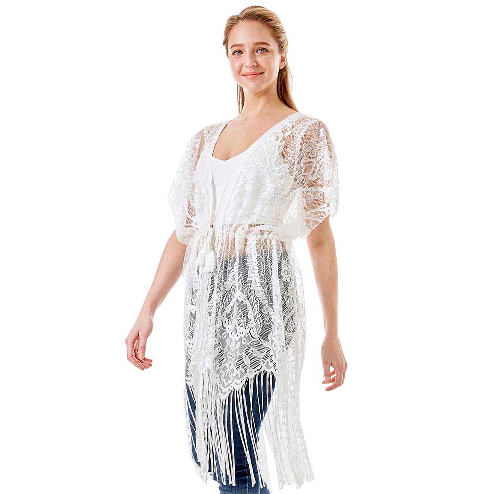 White Paisley Crochet Lace Fringe Cover Up Poncho, The lightweight Kimono top is made of soft and breathable Polyester material. The fashionista Poncho Cover up with open front design, simple basic style, easy to put on and down. Perfect Gift for Wife, Birthday, Holiday, Anniversary, Just Because Gift, Fun Night Out.