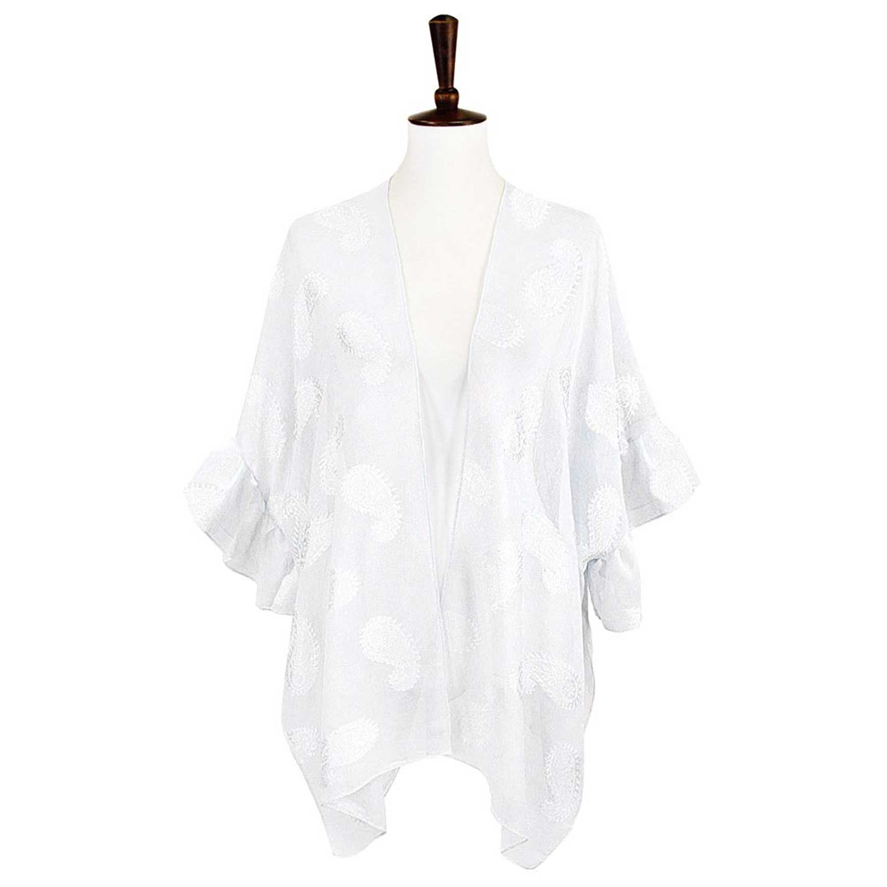 White  Paisley Patterned Sheer Ruffle Sleeves Cover Up Kimono Poncho, The lightweight Kimono poncho top is made of soft and breathable Polyester material. short sleeve swimsuit cover up with open front design, simple basic style, easy to put on and down. Perfect Gift for Wife, Mom, Birthday, Holiday, Anniversary, Fun Night O