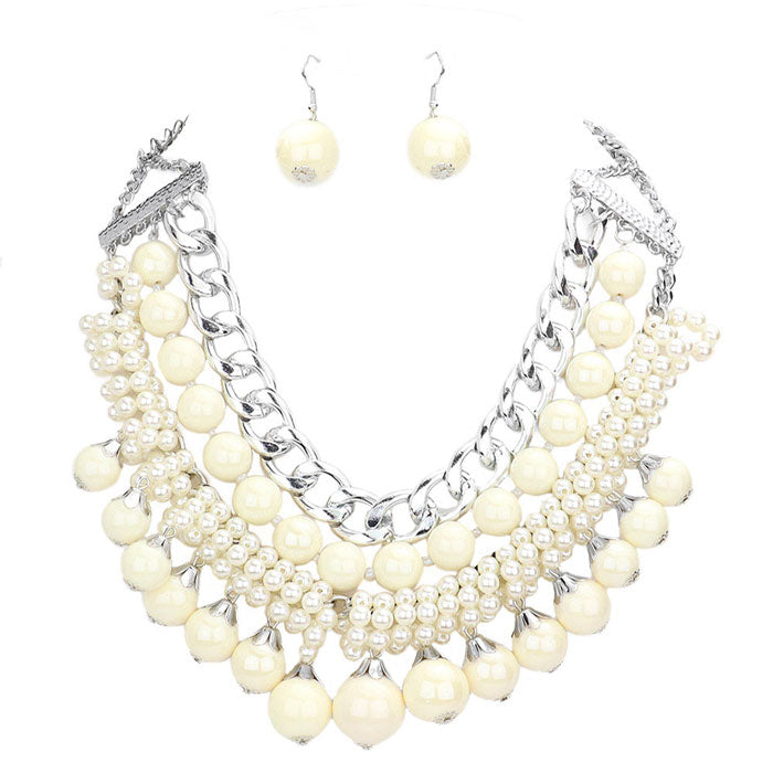 Cream Pearl Chunky Metal Chain Statement Necklace, stunning jewelry set will sparkle all night long making you shine out like a diamond. simple sophistication makes a standout addition to your collection designed to accent the neckline adds a gorgeous stylish glow to any outfit style, jewelry that fits your lifestyle! Perfect Birthday Gift, Valentine's Day Gift, Anniversary Gift, Mother's Day Gift, Just Because Gift.