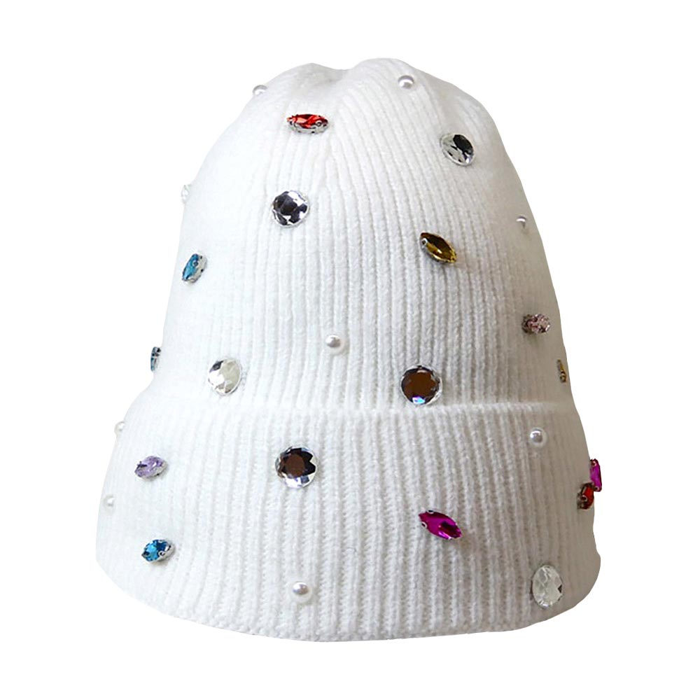 White Pearl Jewel Embellished Fleece Lining Knit Beanie Hat, wear this beautiful beanie hat with any ensemble for the perfect finish before running out the door into the cool air. The hat is made in a unique style and it's richly warm and comfortable for winter and cold days. It perfectly meets your chosen goal. An awesome winter gift accessory and the perfect gift item for Birthdays, Christmas, Stocking stuffers, Secret Santa, holidays, anniversaries, Valentine's Day, etc. Stay warm & trendy!