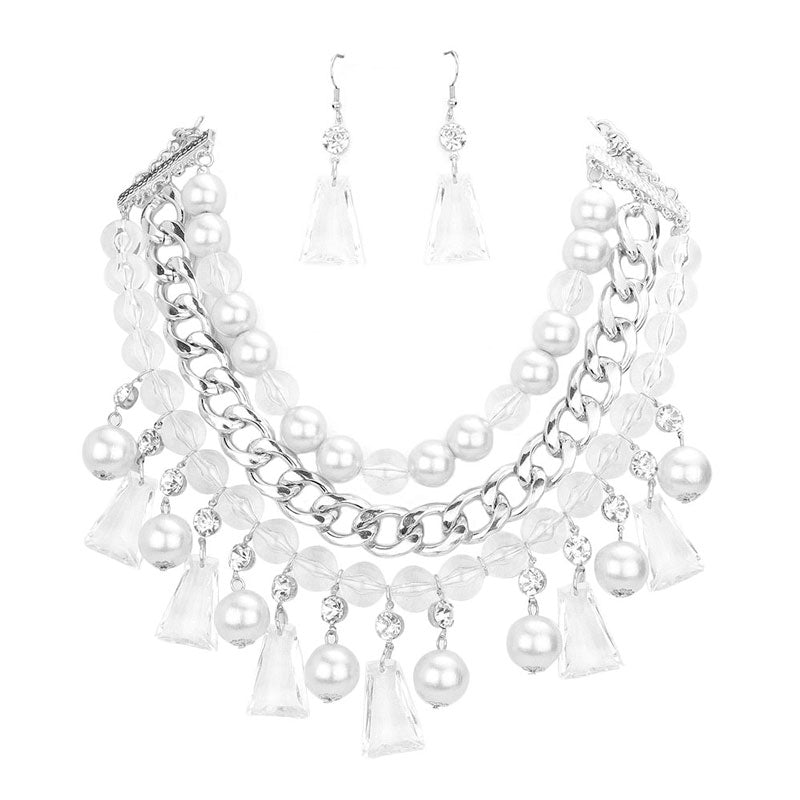 White Pearl Lucite Bead Statement Necklace. These gorgeous Pearl pieces will show your class in any special occasion. The elegance of these pearl goes unmatched, great for wearing at a party! Perfect jewelry to enhance your look. Awesome gift for birthday, Anniversary, Valentine’s Day or any special occasion.