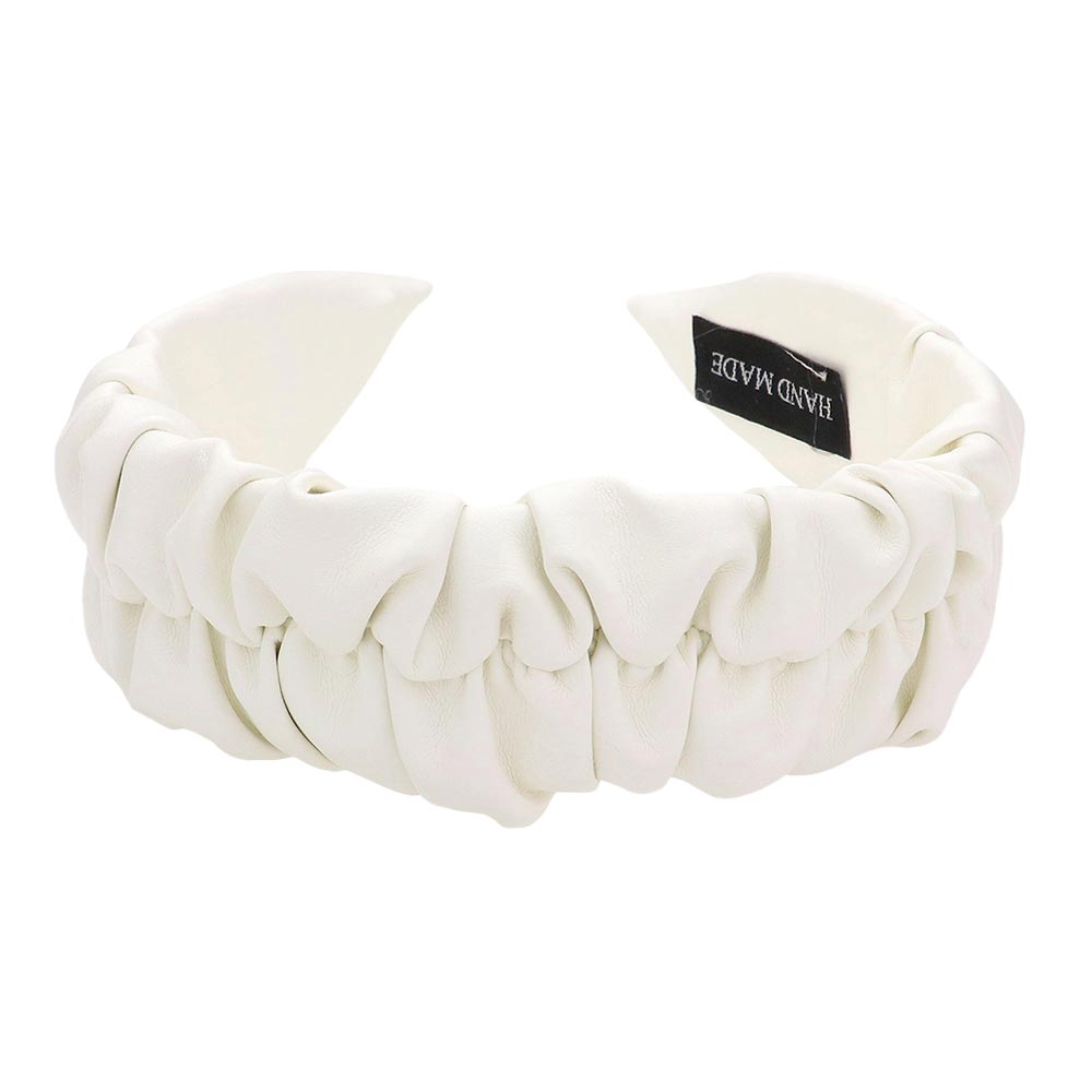 White Pleated Solid Faux Leather Headband, create a natural & beautiful look while perfectly matching your color with the easy-to-use pleated solid faux leather headband. Add a super neat and trendy knot to any boring style. Perfect for everyday wear, special occasions, outdoor festivals, and more.