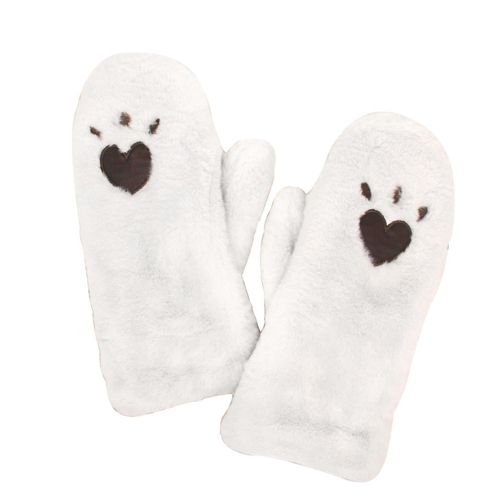 White Plush Faux Fur Heart Paw Mittens, warm and cozy convertible mittens that will protect you from wintry weather. comfortable, soft brushed poly stretch knit. It's finished with a hint of stretch for comfort and flexibility. Wear gloves or cover up as a mitten to make your outfit gorgeous with luxe. Either way, you will love these soft neutral colors. Excellent gift for the persons you care about the most.