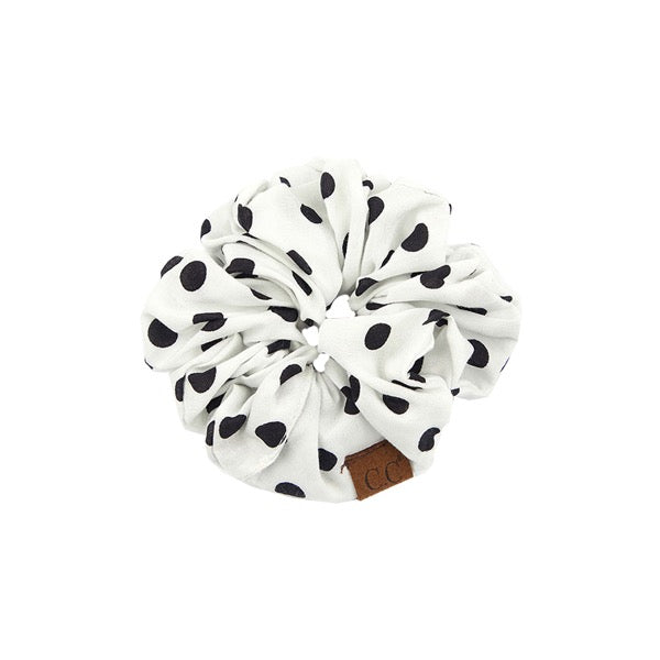 White C.C Polka Dot Print Scrunchie Ponytail Holder Hair Tie will adorn your tresses making them look amazing, fun & trendy, adding a spark of style & charm. So cute & super stylish with any outfit, the cutest addition to a any plain outfit. Wear it in your hair or around your wrist for a two-in-one accessory. Perfect Gift. 