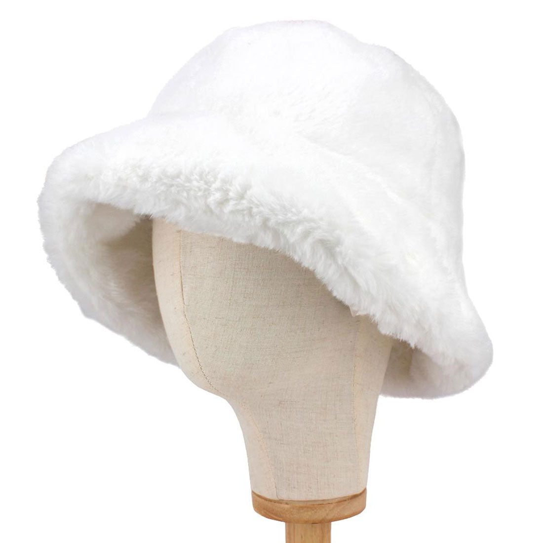 White Polyester Faux Fur Bucket Hat, stay warm and cozy, protect yourself from the cold, this most recongizable look with remarkable bold, soft & chic bucket hat, features a rounded design with a short brim. The hat is foldable, great for daytime. Perfect Gift for cold weather!