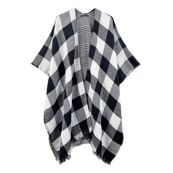 White Reversible Plaid Check Outwear Cover Up Cape Poncho. The perfect accessory, luxurious, trendy, super soft chic capelet, keeps you warm and toasty. You can throw it on over so many pieces elevating any casual outfit! Perfect Gift for Wife, Mom, Birthday, Holiday, Christmas, Anniversary, Fun Night Out.