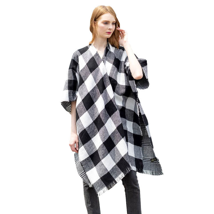 White Reversible Plaid Check Outwear Cover Up Cape Poncho. The perfect accessory, luxurious, trendy, super soft chic capelet, keeps you warm and toasty. You can throw it on over so many pieces elevating any casual outfit! Perfect Gift for Wife, Mom, Birthday, Holiday, Christmas, Anniversary, Fun Night Out.