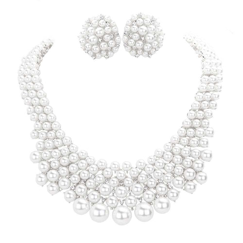 Rhinestone Embellished Pearl Cluster Necklace - White