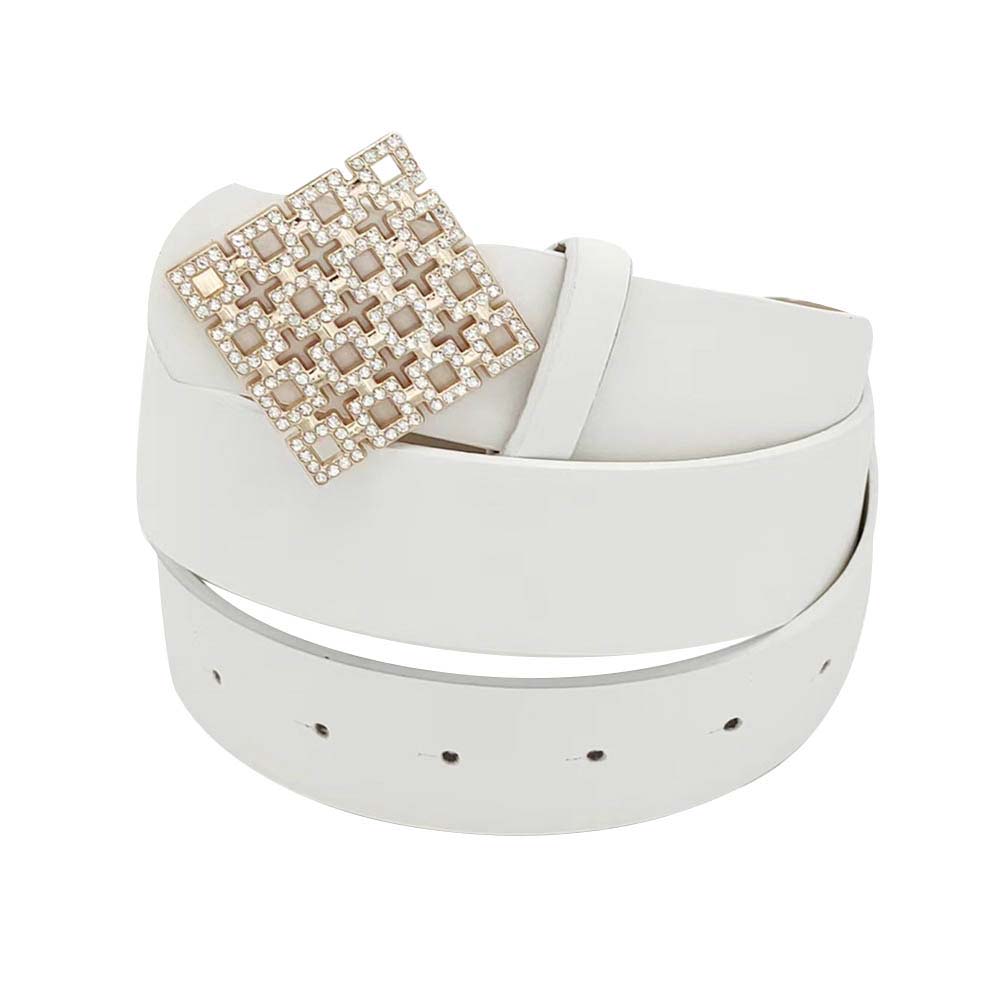 White Rhinestone Embellished Square Buckle Faux Leather Belt, These square rhinestone belts have the versatility you may need. Western-style engraved rhinestone buckle set; The buckle, keeper, and tip all have sparkling rhinestones. This square rhinestone belt fits in perfectly on many occasions and adds sparkle to any outfit. Faux leather feels soft and comfortable in daily dress or work. A good match for a blouse, dress, skirt, jeans or sweater.