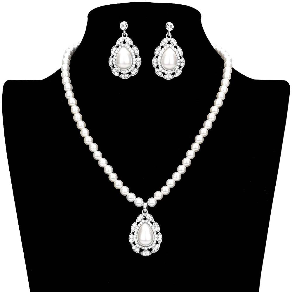 White Rhinestone Embellished Teardrop Pearl Accented Necklace, These pearl Necklace jewelry sets are Elegant. Beautifully crafted design adds a gorgeous glow to any outfit. The elegance of these rhinestones goes unmatched, great for wearing at a party! Stunning jewelry set will sparkle all night long making you shine like a diamond on special occasions.