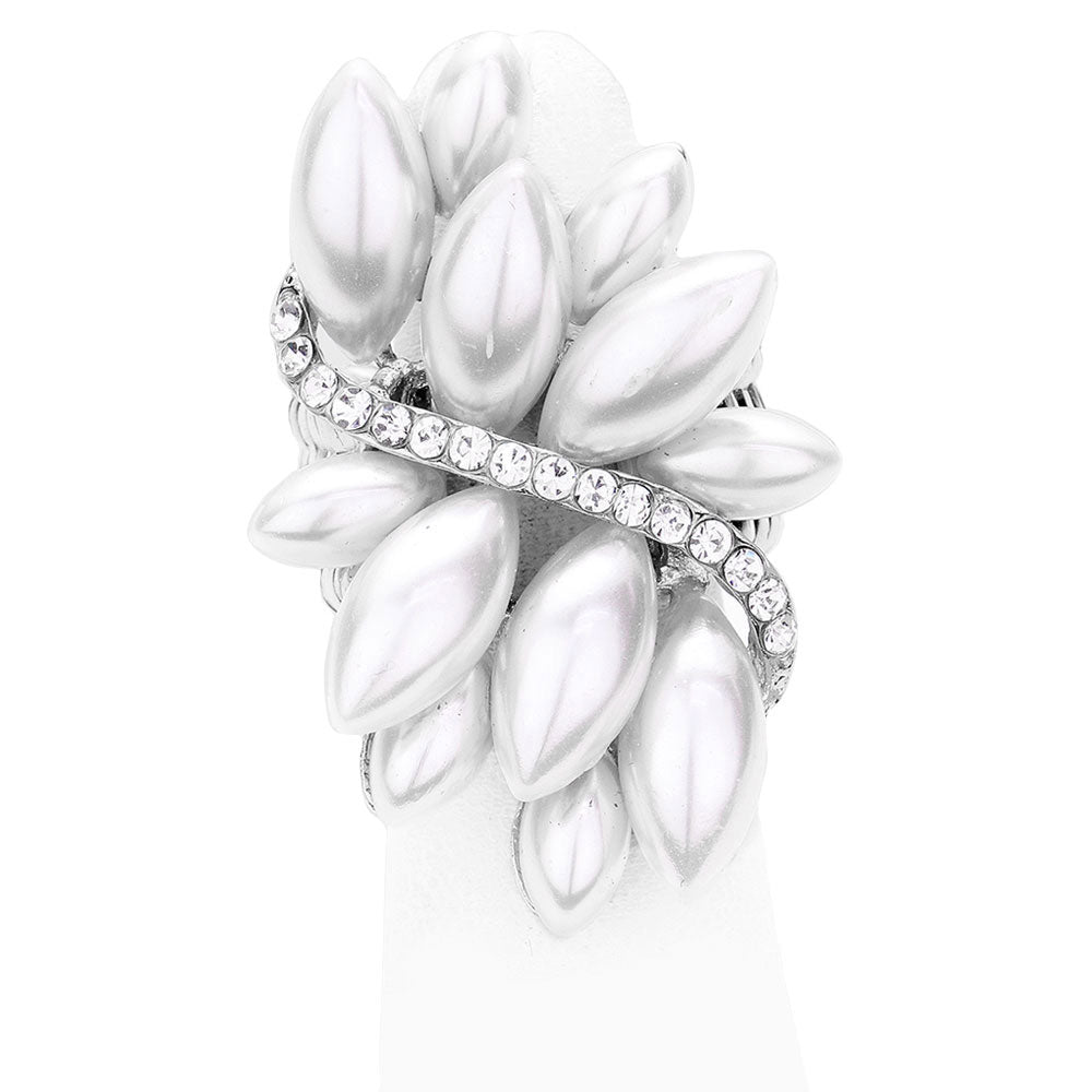 White Rhodium Pearl Cluster Stretch Ring.  Beautifully crafted design adds a gorgeous glow to any outfit. Jewelry that fits your lifestyle! Perfect Birthday Gift, Anniversary Gift, Mother's Day Gift, Anniversary Gift, Valentine's Gift, Graduation Gift, Prom Jewelry, Just Because Gift, Thank you Gift.