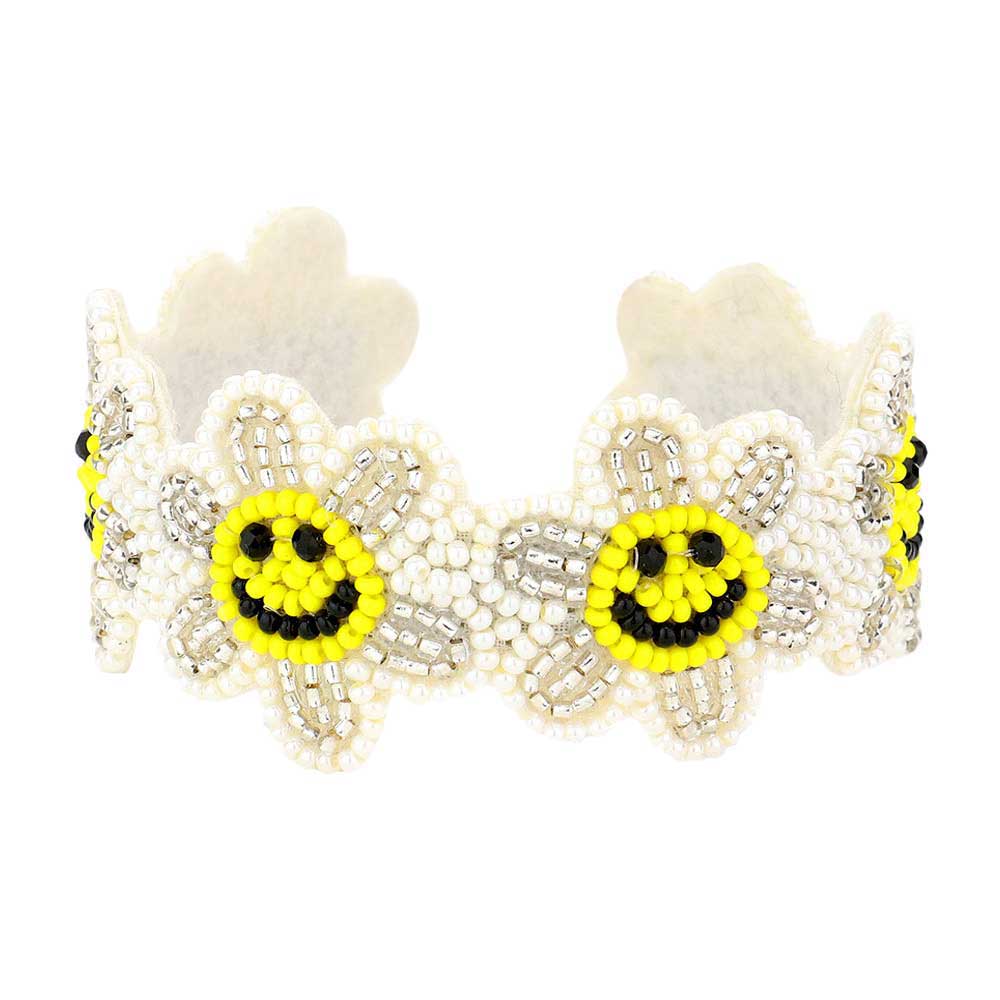 White Seed Beaded Smile Flower Cuff Bracelet, jewelry that fits your lifestyle, adding a pop of pretty color. Enhance your your attire with this vibrant beautiful modish smile flower cuff bracelet. Goes with any of your casual outfits and Adds something extra special. Great gift idea for Birthday, Mothers day, Friendship Day or any other special day.