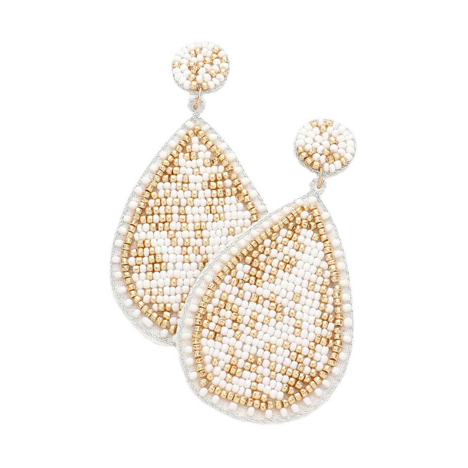 White Seed Beaded Teardrop Dangle Earrings, Fashionable beaded Dangle earrings for women are designed into a geometric teardrop shape. They are the perfect addition to your earrings collection. You will absolutely love these beaded earrings! They are exactly what you were looking for; This jewelry is just the right accessory to finish off any outfit. 