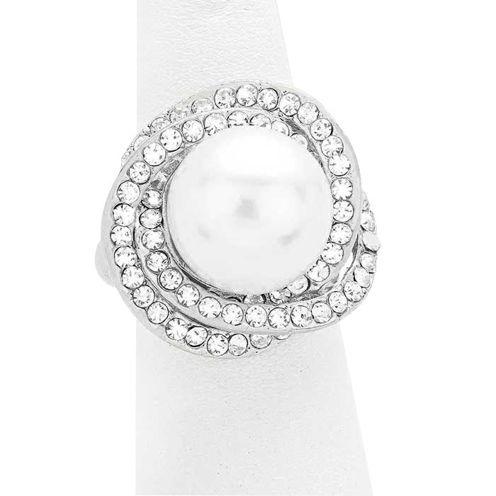 White Silver Clear Crystal Trim Pearl Stretch Ring, the Beautifully crafted design adds a gorgeous glow to your special outfit. Crystal trim pearl stretch ring that fits your lifestyle on special occasions! The perfect accessory for adding just the right amount of shimmer and a touch of class to special events.