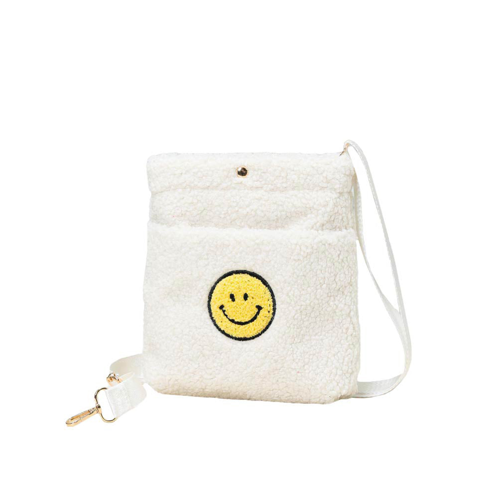 White Smile Pointed Sherpa Rectangle Crossbody Bag, This high quality smile crossbody bag is both unique and stylish. perfect for money, credit cards, keys or coins, comes with a belt for easy carrying, light and simple. Look like the ultimate fashionista carrying this trendy Smile Pointed Sherpa Rectangle Crossbody Bag!