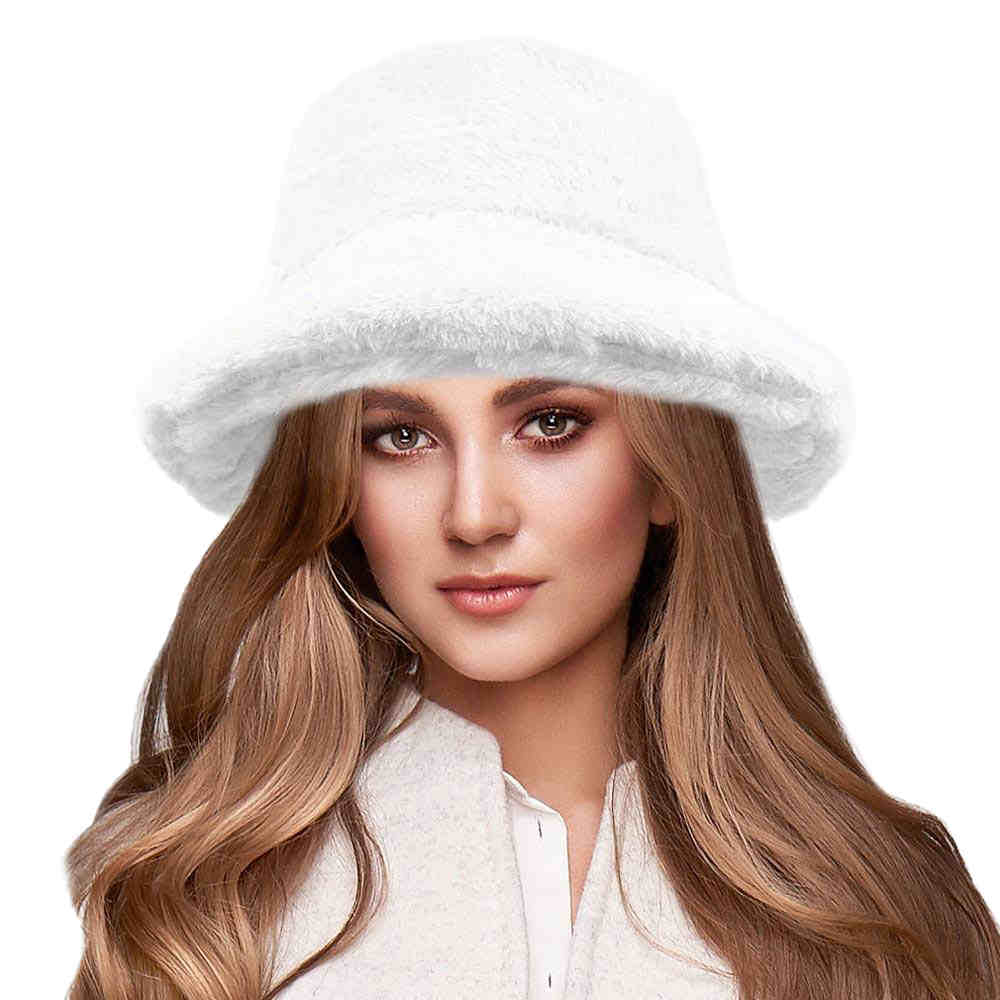White Soft Faux Fur Bucket Hat, stay warm and cozy, protect yourself from the cold, this most recognizable look with remarkable bold, soft & chic bucket hat, features a rounded design with a short brim. The hat is foldable, great for daytime. Perfect Gift for cold weather; Black, Brown, Burgundy; 100% Acrylic;
