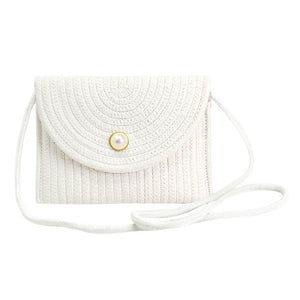 White Solid Color With Pearl Button Straw Micro Crossbody Bag, perfectly goes with any outfit and shows your trendy choice to make you stand out on your special occasion. Carry out this straw micro crossbody bag while attending a special occasion. Perfect for carrying makeup, money, credit cards, keys or coins, etc. It's lightweight and perfect for easy carrying. Put it in your bag and find it quickly with its eye-catchy colors. 