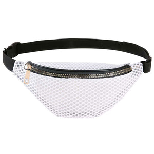 White Solid Mesh Fanny Pack. The adjustable lightweight mesh waist pouch features room to carry what you need for those longer walks or trips. It's also a must have for any vacation you plan on taking! The mesh net fanny pack for women could keep all your documents, Phone, Travels, Money, Cards, keys, etc in one compact place, and comfortables located within arm's reach. It can be thrown over the shoulder, across the chest around the waist.
