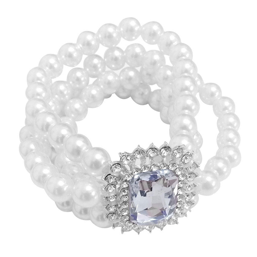 White Stone Accented Multi Layered Pearl Stretch Bracelet. Get ready with these Pearl themed Bracelet, put on a pop of color to complete your ensemble. Perfect for adding just the right amount of shimmer & shine and a touch of class to special events.  just what you need to update your wardrobe .Perfect Birthday Gift, Anniversary Gift, Mother's Day Gift, Mom Gift, Thank you Gift, Just Because Gift, Daily Wear.