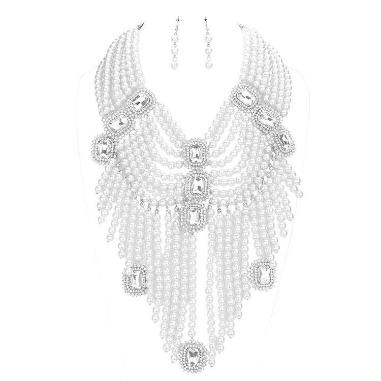 White Stone Accented Pearl Fringe Statement Necklace, stunning jewelry set will sparkle all night long making you shine out like a diamond. simple sophistication makes a standout addition to your collection designed to accent the neckline adds a gorgeous stylish glow to any outfit style, jewelry that fits your lifestyle! Perfect Birthday Gift, Valentine's Day Gift, Anniversary Gift, Mother's Day Gift, Just Because Gift.