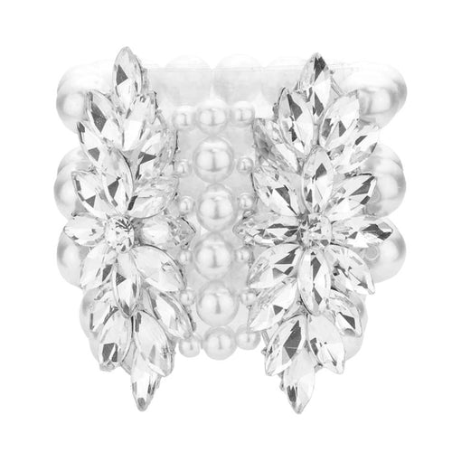 Trendy Stone Embellished Layered Pearl Stretch Bracelet - White