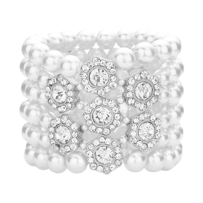 White Stone Embellished Multi Layered Pearl Stretch Bracelet, get ready with these stretch Bracelets to receive the best compliments on any special occasion. Put on a pop of color to complete your ensemble and make you stand out on special occasions. Perfect for adding just the right amount of shimmer & shine and a touch of class to special events.