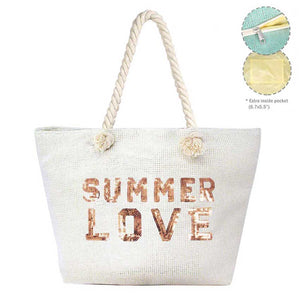 White Summer Love Message Glitz Beach Tote Bag, Whether you are out shopping, going to the pool or beach, this tote bag is the perfect accessory. Spacious enough for carrying all of your essentials. Perfect as a beach bag to carry foods, drinks, towels, swimsuit, toys, flip flops, sun screen and more. Gift idea for your loving one!