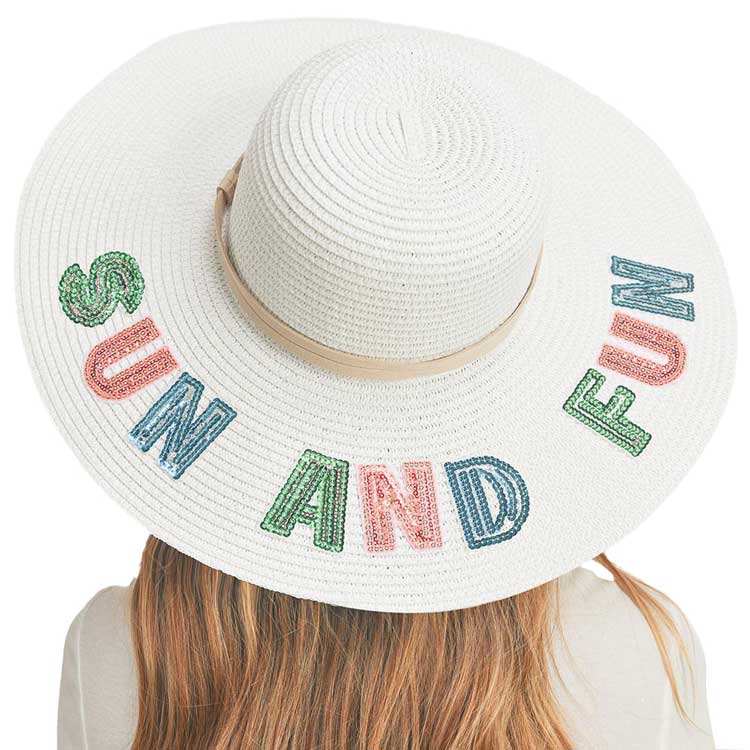 Beige Sun And Fun Sequin Message Straw Panama Sun Hat, a beautiful & comfortable Straw Panama Sun Hat is suitable for summer wear to amp up your beauty & make you more comfortable everywhere. Perfect for keeping the sun off your face,  and neck. It's an excellent gift item for your friends & family or loved ones this summer.