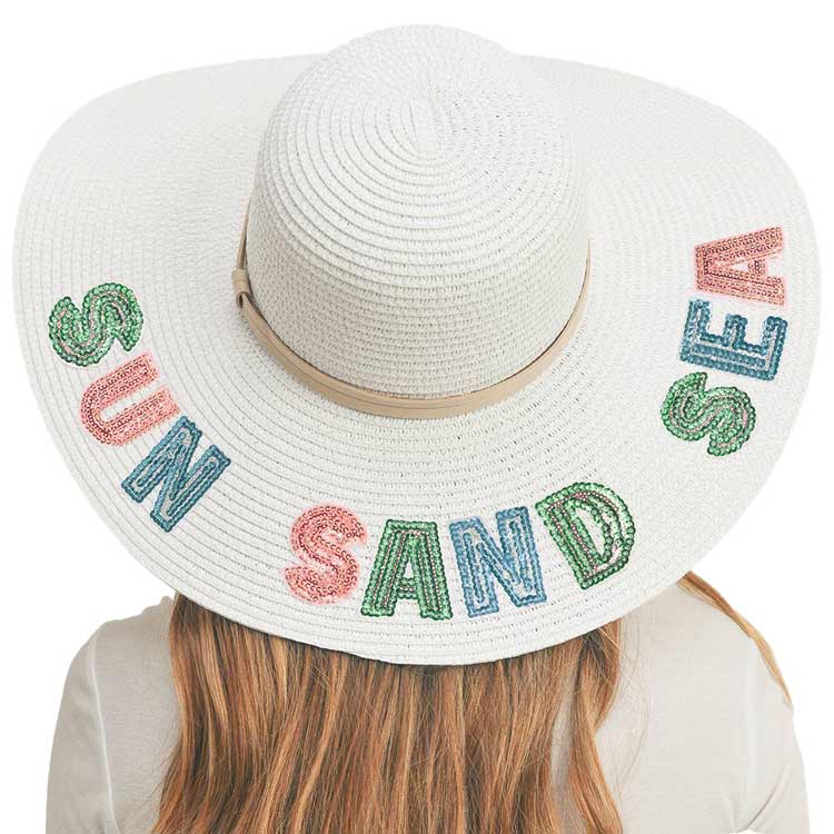 White Sun Sand Sea Sequin Message Straw Panama Sun Hat, a beautiful & comfortable Straw Panama Sun Hat is suitable for summer wear to amp up your beauty & make you more comfortable everywhere. Perfect for keeping the sun off your face, and neck. It's an excellent gift item for your friends & family or loved ones this summer.