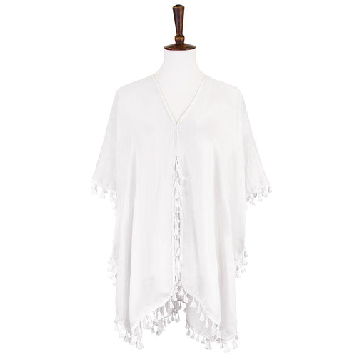 Tassel Trimmed Solid Cover Up - White