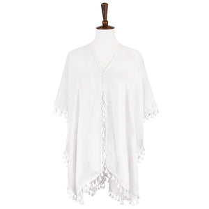 White Tassel Trimmed Solid Cover Up, Luxurious, trendy, super soft chic capelet, keeps you warm and toasty. You can throw it on over so many pieces elevating any casual outfit! Perfect Gift for Wife, Birthday, Holiday, Christmas, Anniversary, Fun Night Out.