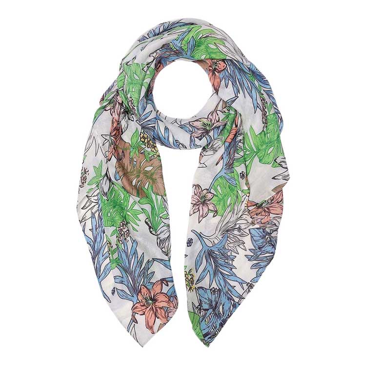 White Tropical Leaf Flower Printed Oblong Scarf, This lightweight oblong scarf in soothing colors features a Leaf Flower Printed design. It's a design that gives any outfit a unique look. The oblong shape makes this scarf a versatile choice that can be worn in many ways. It'll definitely become a favorite in your accessories collection. Suitable for Holiday, Casual or any Occasions in Spring, Summer and Autumn.