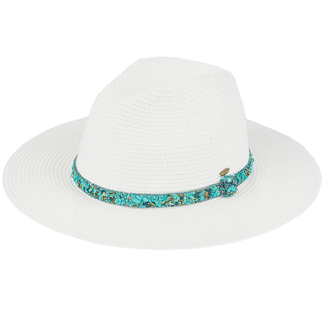 White Turquoise C.C Gem Stone Trim Band Straw Panama Sunhat, Keep your styles on even when relaxing at the pool or playing at the beach. Large, comfortable, and perfect for keeping the sun off your face, neck, and shoulders. Perfect summer, beach accessory. Ideal for travelers who are on vacation or just spending some time in the great outdoors. A great sunhat can keep you cool and comfortable even when the sun is high in the sky.