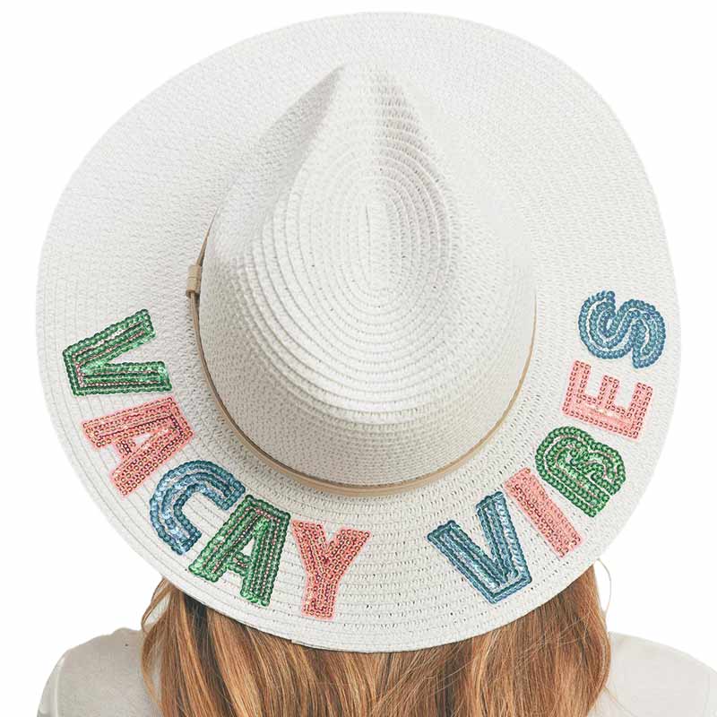 Beige Vacay Vibes Sequin Message Straw Panama Sun Hat, a beautiful & comfortable Straw Panama Sun Hat is suitable for summer wear to amp up your beauty & make you more comfortable everywhere. Perfect for keeping the sun off your face and neck. It's an excellent gift item for your friends & family or loved ones this summer.