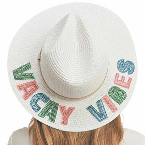 White Vacay Vibes Sequin Message Straw Panama Sun Hat, a beautiful & comfortable Straw Panama Sun Hat is suitable for summer wear to amp up your beauty & make you more comfortable everywhere. Perfect for keeping the sun off your face and neck. It's an excellent gift item for your friends & family or loved ones this summer.