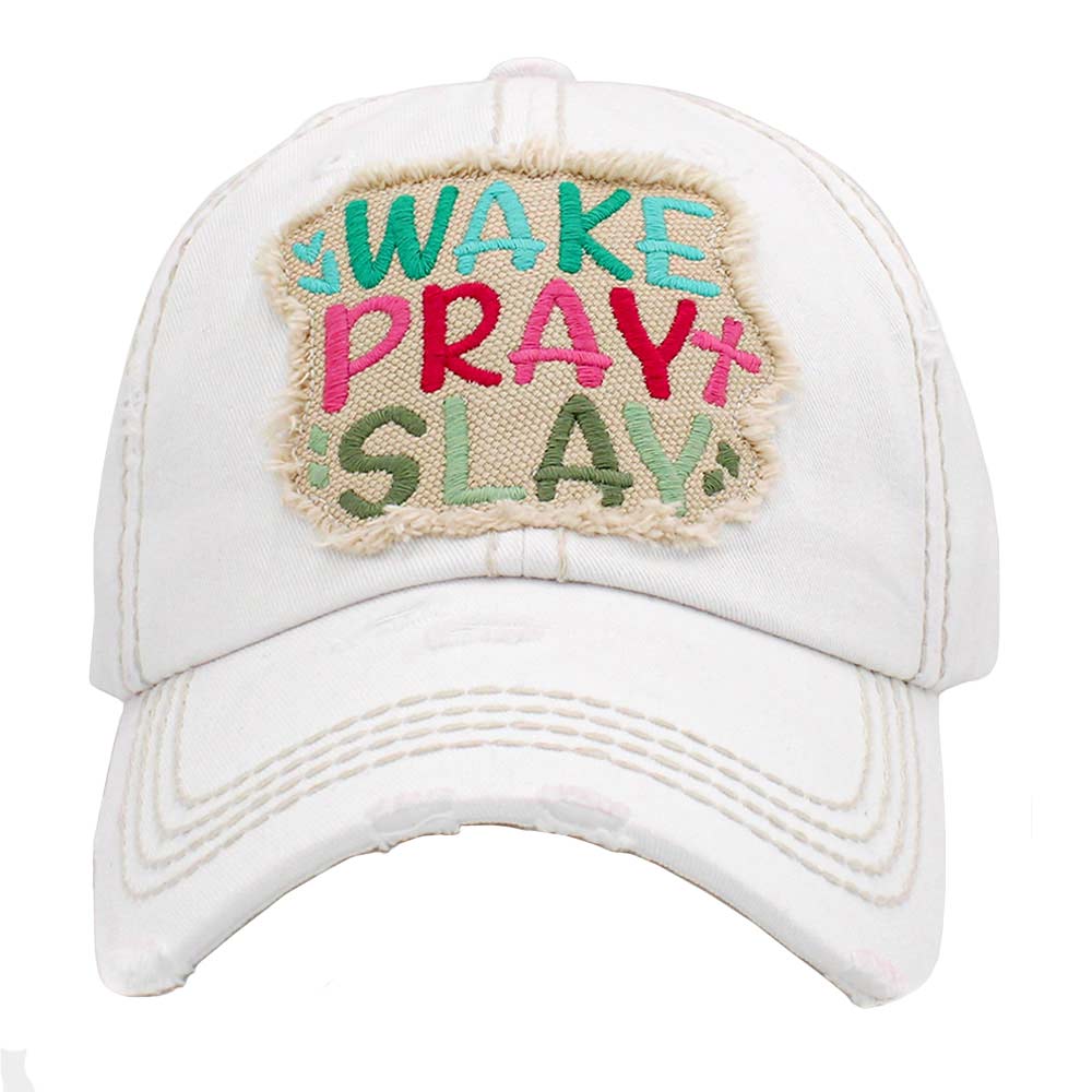 White Wake Play Slay Vintage Baseball Cap, A beautiful & cool religion-themed vintage cap that will not only save a bad hair day but also amps up your beauty to a greater extent. This Wake Play Slay message embroidered baseball hat is made for you. It's fully adjustable and easy to wear in the perfect style! Perfect to keep your hair away from your face while exercising, running, playing tennis, or just taking a walk outside.