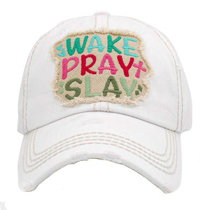 White Wake Play Slay Vintage Baseball Cap, A beautiful & cool religion-themed vintage cap that will not only save a bad hair day but also amps up your beauty to a greater extent. This Wake Play Slay message embroidered baseball hat is made for you. It's fully adjustable and easy to wear in the perfect style! Perfect to keep your hair away from your face while exercising, running, playing tennis, or just taking a walk outside.