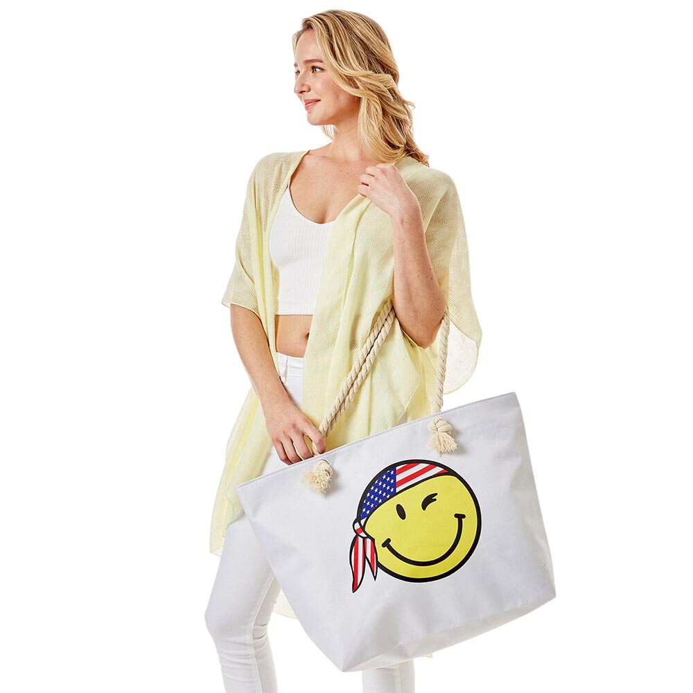 White Yellow Smile Face With USA Bandana Print Beach Tote Bag, Tote your beach-bound essentials in a patriotic style tote done with an smile face with USA bandana exterior. Show your love for Your country with this sweet patriotic smile face with USA bandana print tote bag. Whether you're shopping, heading to the pool, or the beach, this USA flag in smile face  Print tote bag is the perfect accessory.