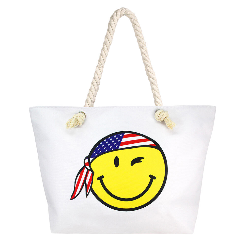 White Yellow Smile Face With USA Bandana Print Beach Tote Bag, Tote your beach-bound essentials in a patriotic style tote done with an smile face with USA bandana exterior. Show your love for Your country with this sweet patriotic smile face with USA bandana print tote bag. Whether you're shopping, heading to the pool, or the beach, this USA flag in smile face  Print tote bag is the perfect accessory.