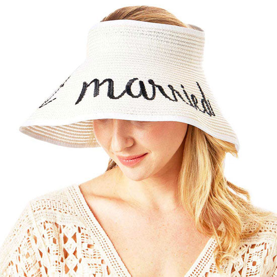 Beige Just Married Message Roll Up Foldable Visor Sun Hat, This visor hat with Just Married Message is Open top design offers great ventilation and heat dissipation. Features a roll-up function; incredibly convenient as it is foldable for easy storage or for taking on the go while traveling. Wonderful UV Protection Summer sun hat that is perfect for gardening, walking along the beach, hanging by the pool, or any other outdoor activities.