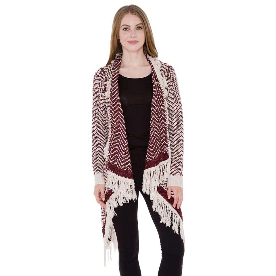 Black Chevron Zigzag Pattern Fringe Knit Cardigan is a perfect winter accessory and trendy wear to keep you out of chill on the cold days and winter. Super soft chic capelet that keeps you warm and toasty. Beautiful Chevron Zigzag Pattern makes it eye-catchy and attractive that can easily draw other's attention. You can throw it on over so many pieces elevating any casual outfit! Perfect Gift for Wife, Mom, Birthday, Holiday, Christmas, Anniversary, Fun Night Out. Have a warm winter!